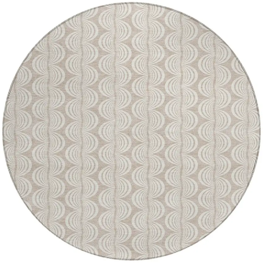 8' Khaki And Beige Round Ogee Washable Indoor Outdoor Area Rug Photo 5