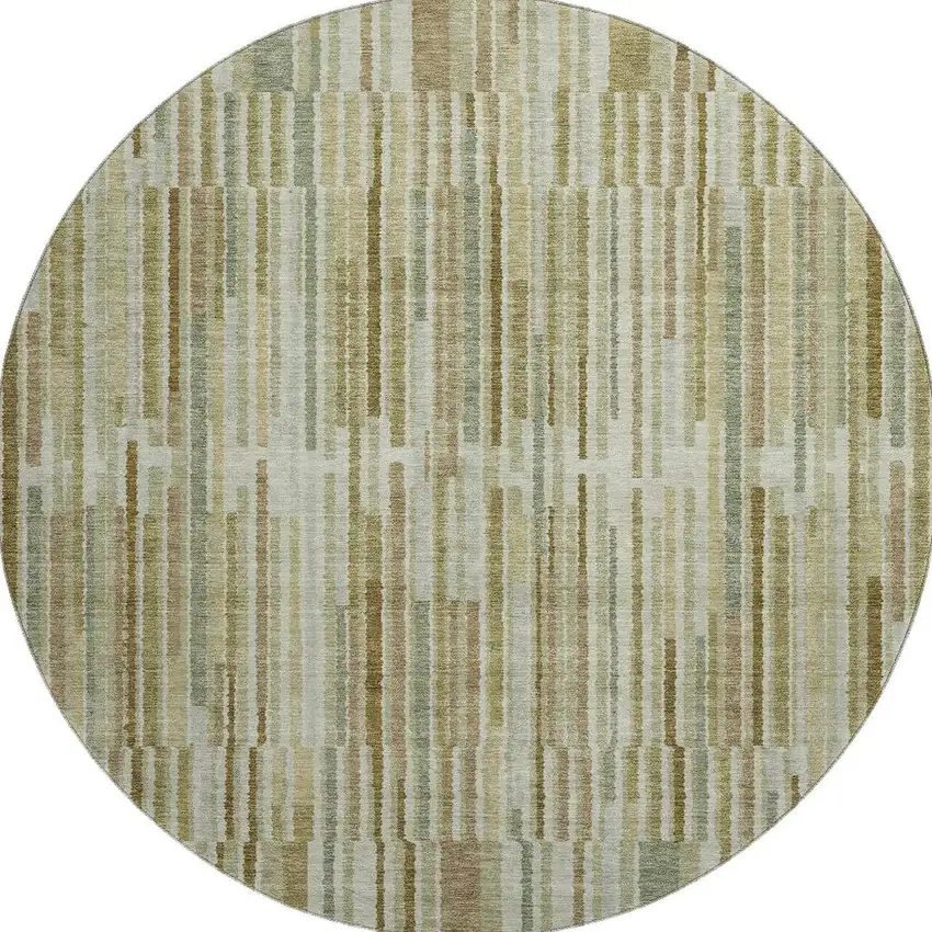 8' Khaki And Beige Striped Washable Round Rug With UV Protection Photo 3
