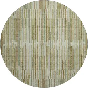 Photo of 8' Khaki And Beige Striped Washable Round Rug With UV Protection