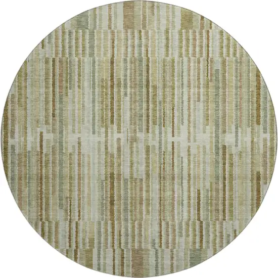 8' Khaki And Beige Striped Washable Round Rug With UV Protection Photo 1
