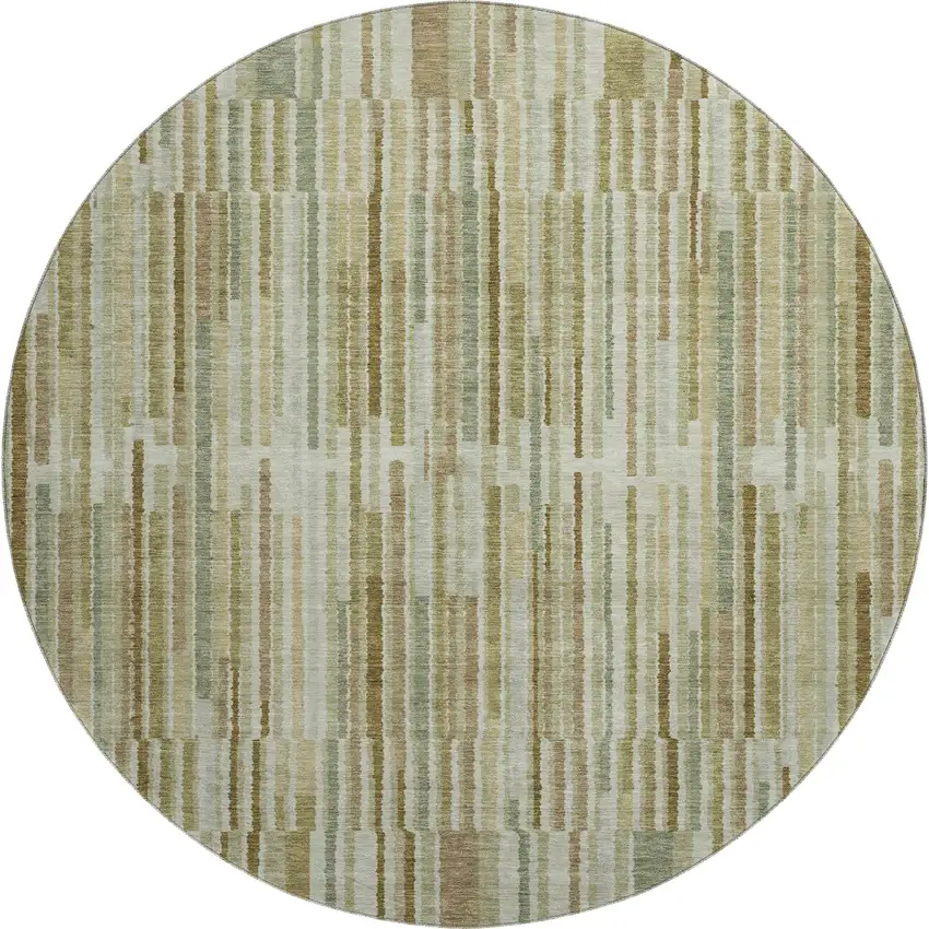 8' Khaki And Beige Striped Washable Round Rug With UV Protection Photo 1