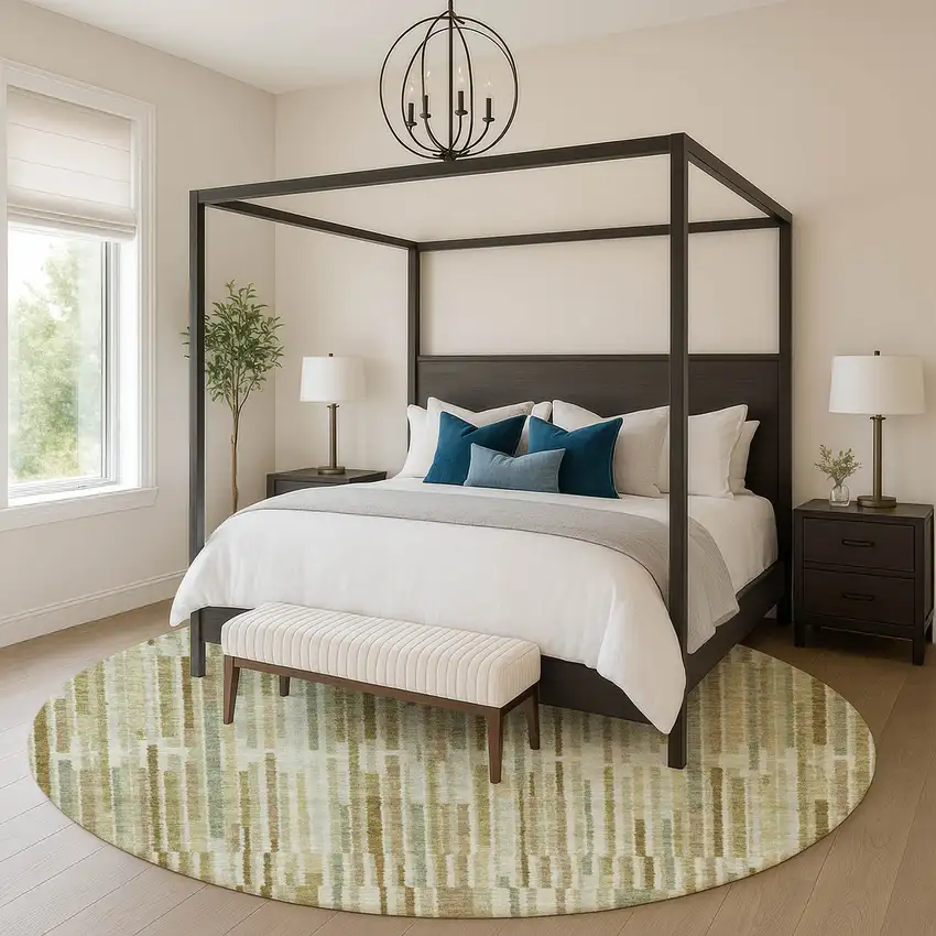 8' Khaki And Beige Striped Washable Round Rug With UV Protection Photo 4