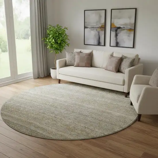 8' Khaki And Beige Striped Washable Round Rug With UV Protection Photo 2