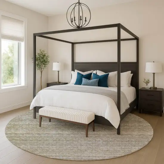 8' Khaki And Beige Striped Washable Round Rug With UV Protection Photo 5