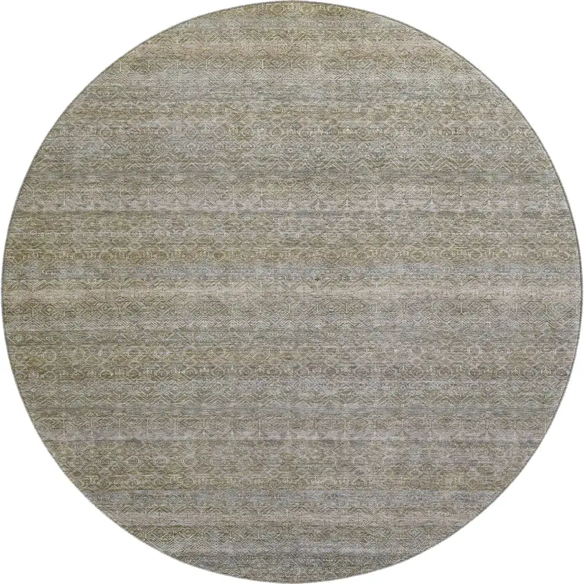 8' Khaki And Beige Striped Washable Round Rug With UV Protection Photo 1