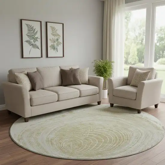 8' Khaki And Beige Woodland Lodge Washable Round Rug With UV Protection Photo 1