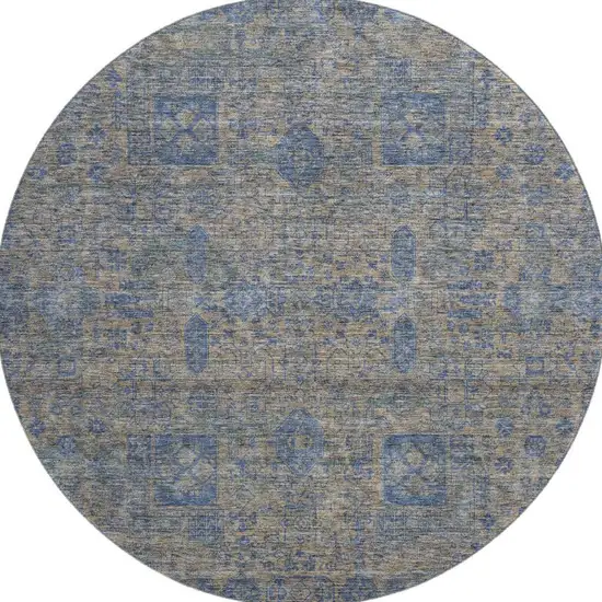 8' Khaki And Blue Floral Washable Round Rug With UV Protection Photo 4