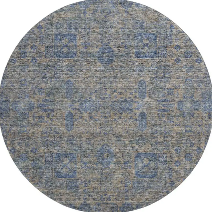 8' Khaki And Blue Floral Washable Round Rug With UV Protection Photo 4