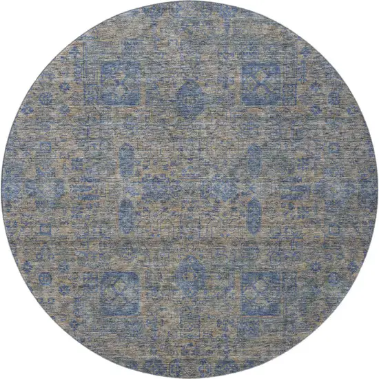 8' Khaki And Blue Floral Washable Round Rug With UV Protection Photo 5