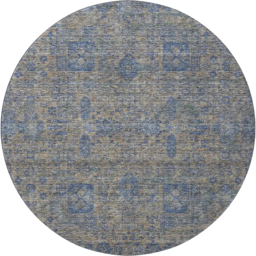 8' Khaki And Blue Floral Washable Round Rug With UV Protection Photo 5