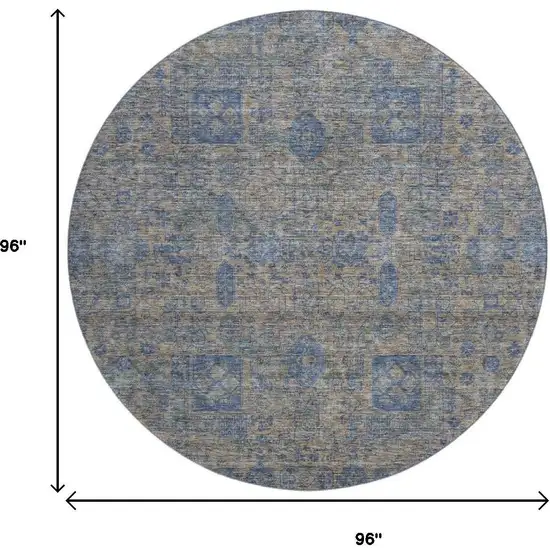 8' Khaki And Blue Floral Washable Round Rug With UV Protection Photo 3