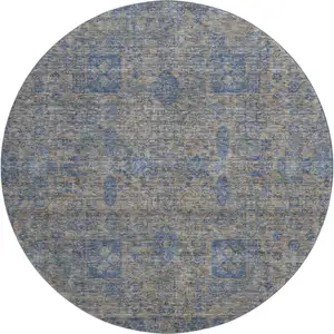 Photo of 8' Khaki And Blue Floral Washable Round Rug With UV Protection