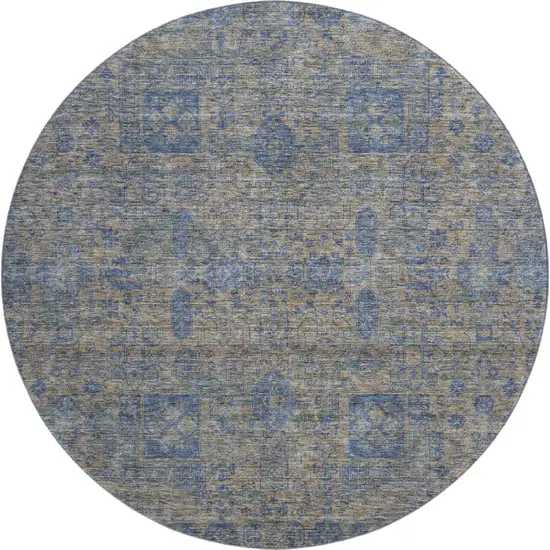 8' Khaki And Blue Floral Washable Round Rug With UV Protection Photo 1