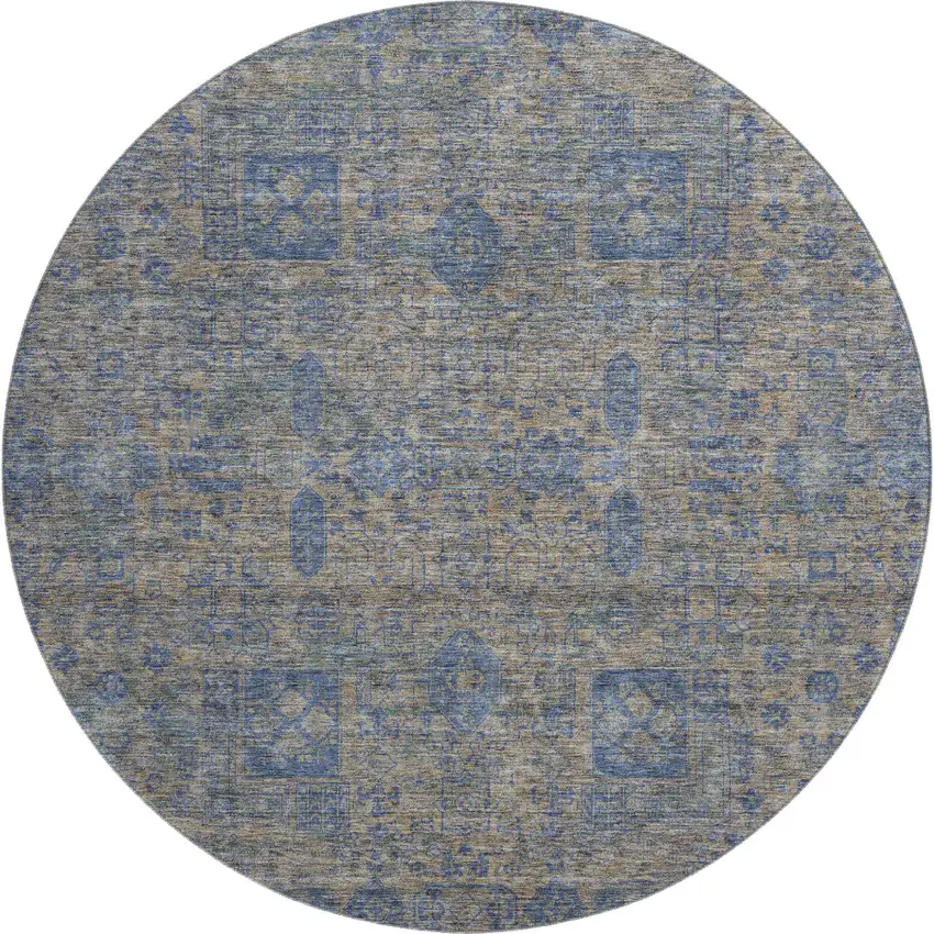 8' Khaki And Blue Floral Washable Round Rug With UV Protection Photo 1