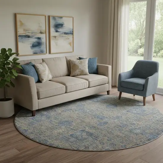 8' Khaki And Blue Floral Washable Round Rug With UV Protection Photo 1