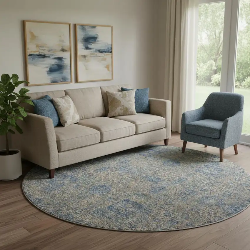 8' Khaki And Blue Floral Washable Round Rug With UV Protection Photo 1