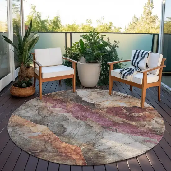 8' Khaki And Blush Round Floral Washable Indoor Outdoor Area Rug Photo 6