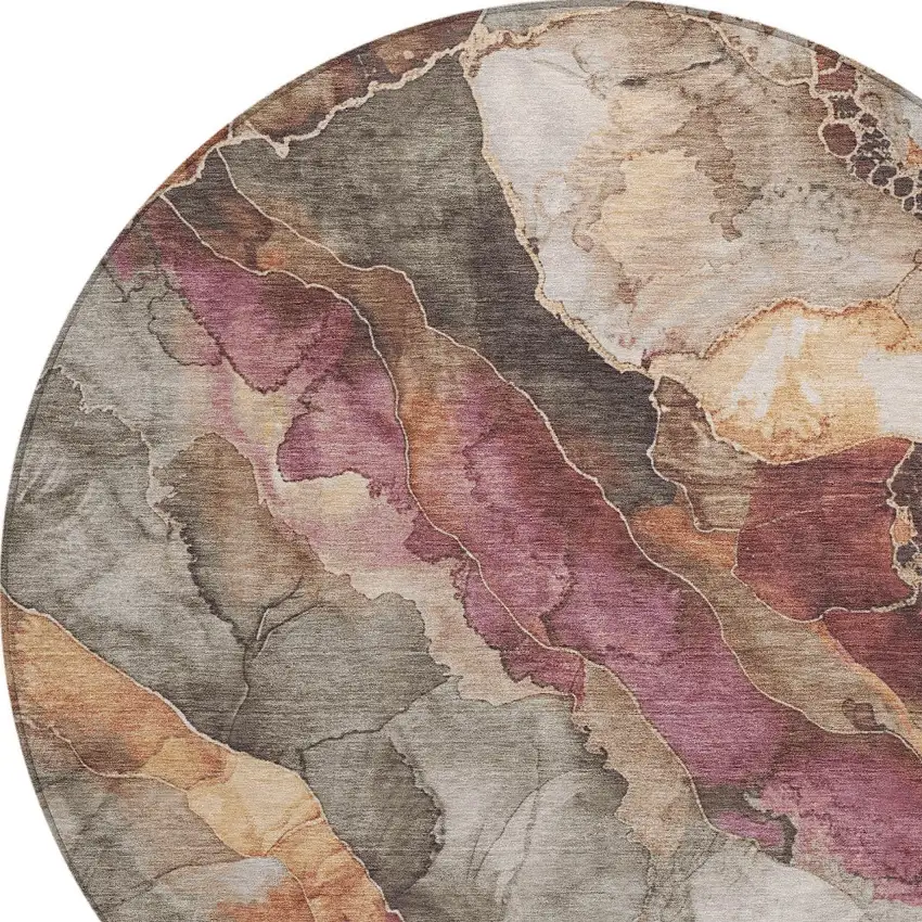 8' Khaki And Blush Round Floral Washable Indoor Outdoor Area Rug Photo 9