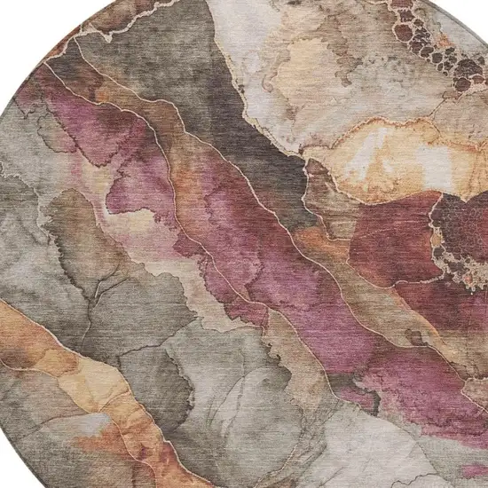 8' Khaki And Blush Round Floral Washable Indoor Outdoor Area Rug Photo 4