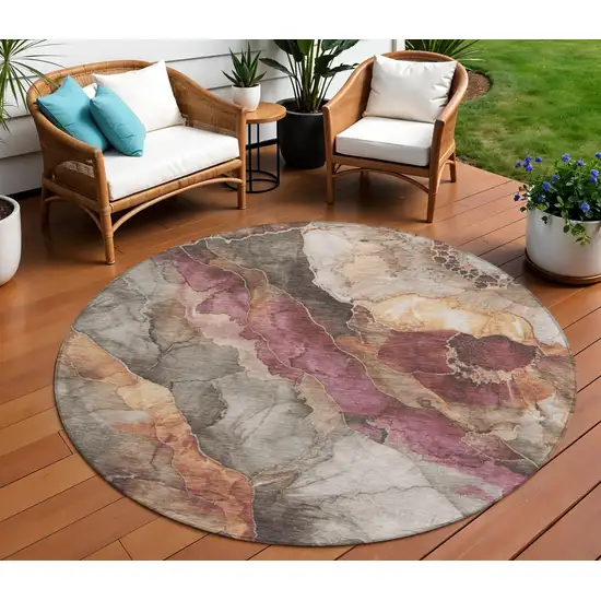 8' Khaki And Blush Round Floral Washable Indoor Outdoor Area Rug Photo 2