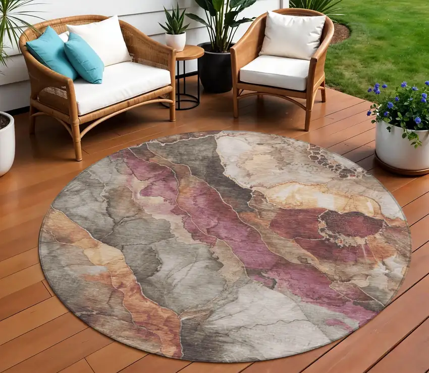 8' Khaki And Blush Round Floral Washable Indoor Outdoor Area Rug Photo 2
