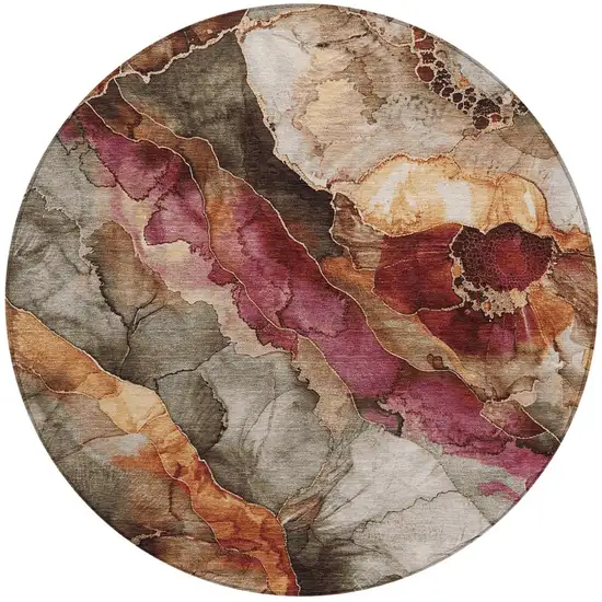 8' Khaki And Blush Round Floral Washable Indoor Outdoor Area Rug Photo 3