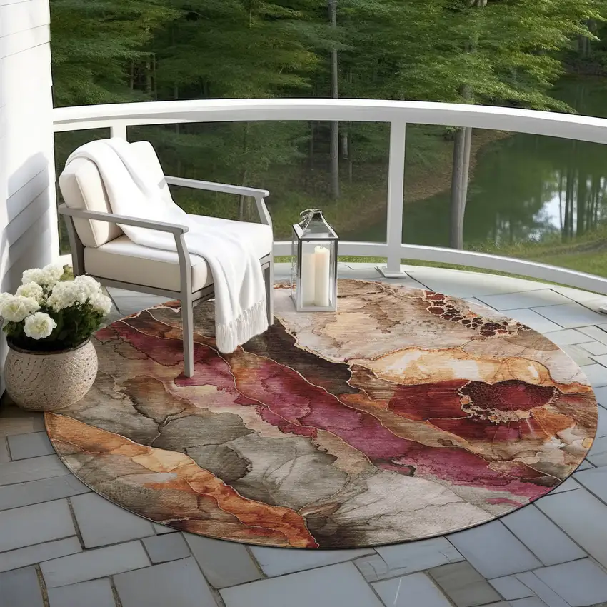 8' Khaki And Blush Round Floral Washable Indoor Outdoor Area Rug Photo 6