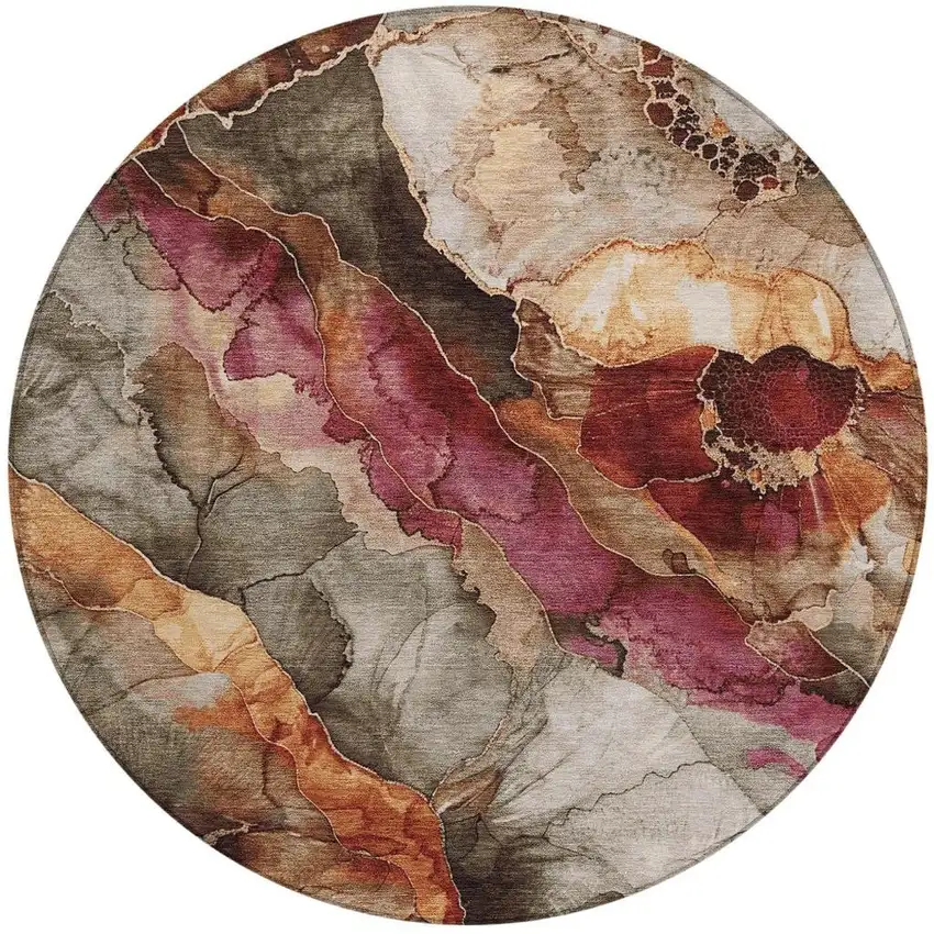 8' Khaki And Blush Round Floral Washable Indoor Outdoor Area Rug Photo 4