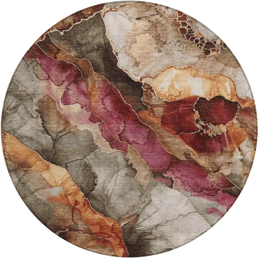 8' Khaki And Blush Round Floral Washable Indoor Outdoor Area Rug Photo 1