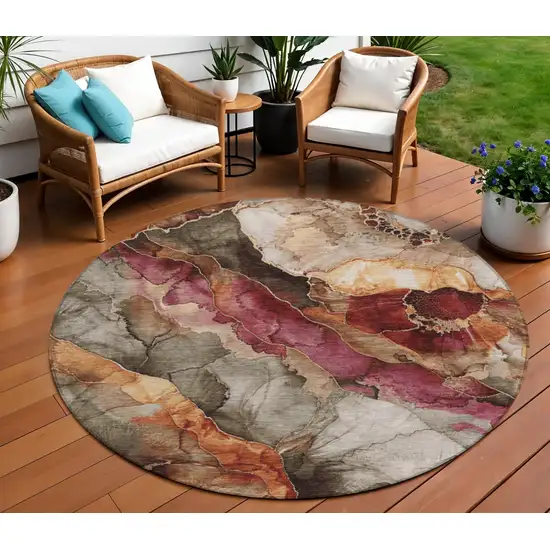 8' Khaki And Blush Round Floral Washable Indoor Outdoor Area Rug Photo 2