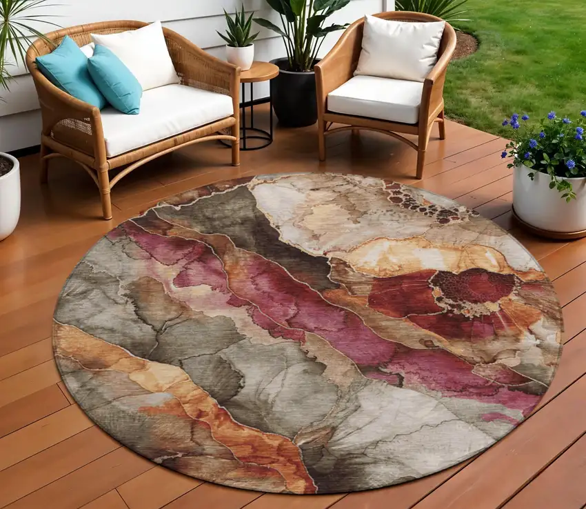 8' Khaki And Blush Round Floral Washable Indoor Outdoor Area Rug Photo 2