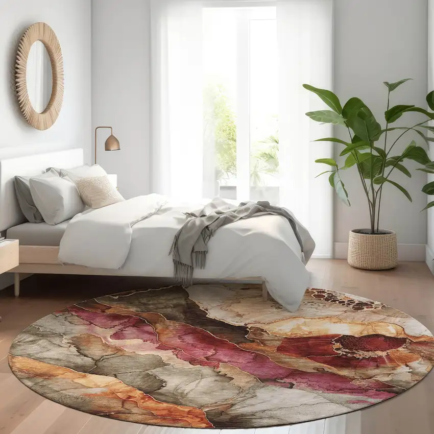 8' Khaki And Blush Round Floral Washable Indoor Outdoor Area Rug Photo 7