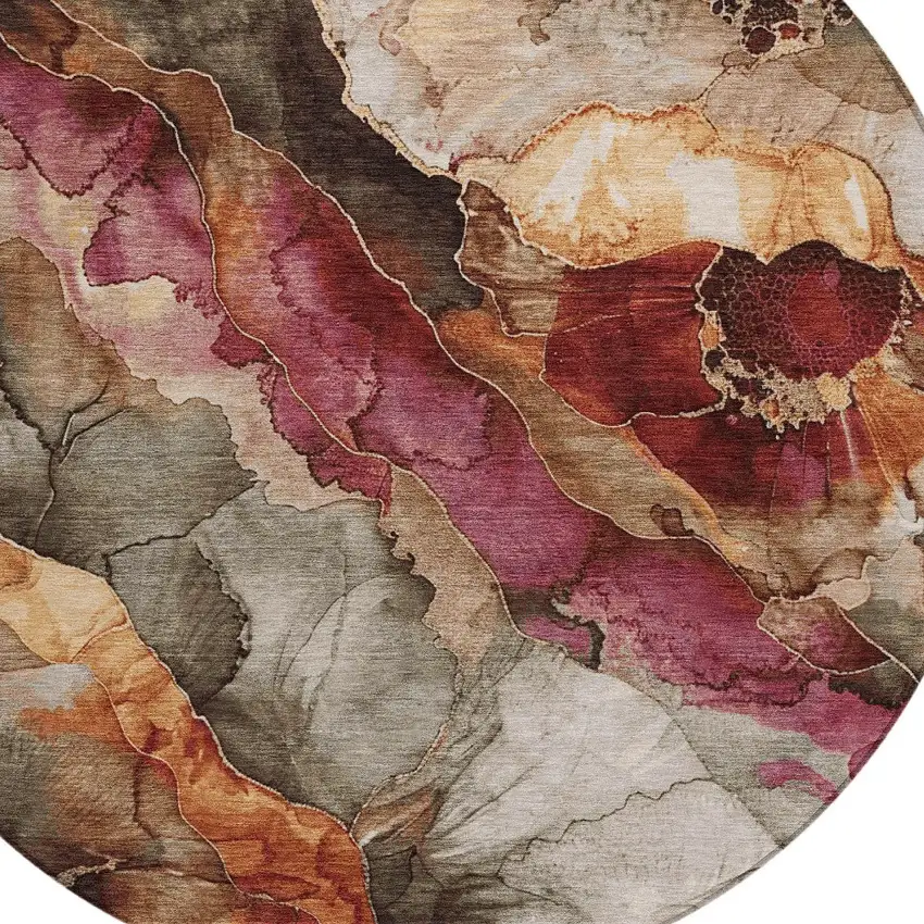 8' Khaki And Blush Round Floral Washable Indoor Outdoor Area Rug Photo 8