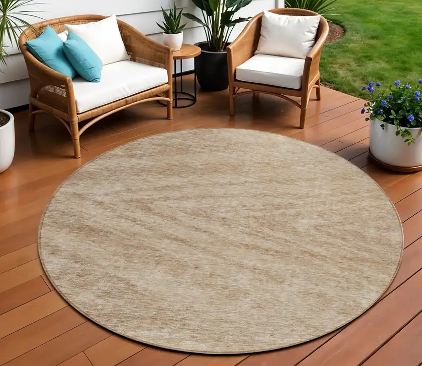 8' Khaki And Brown Round Abstract Washable Indoor Outdoor Area Rug Photo 1