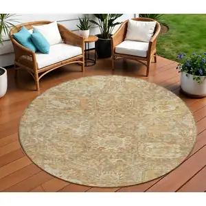 Photo of 8' Khaki And Brown Round Damask Washable Indoor Outdoor Area Rug