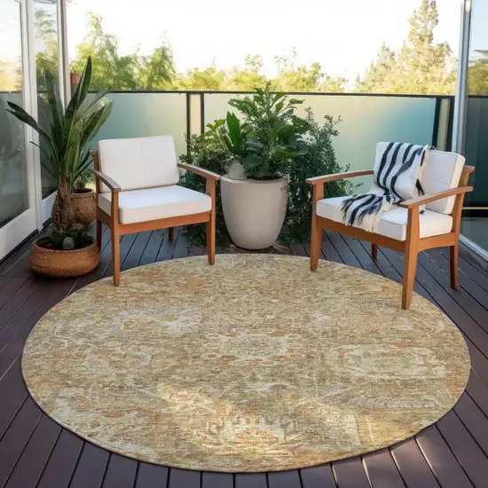 8' Khaki And Brown Round Damask Washable Indoor Outdoor Area Rug Photo 7