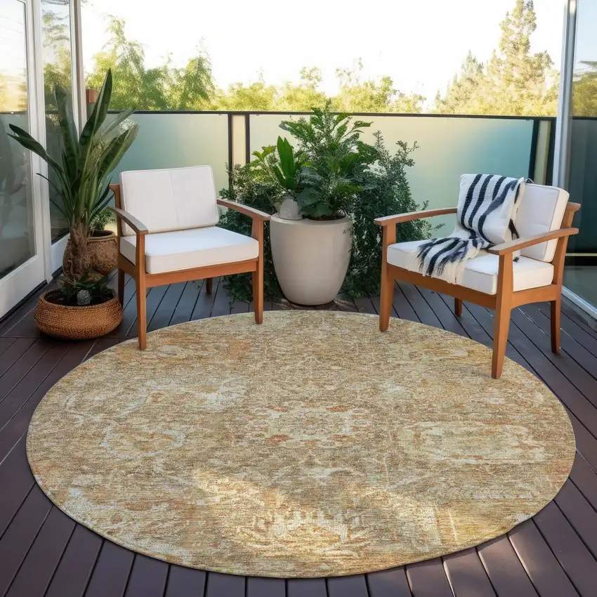8' Khaki And Brown Round Damask Washable Indoor Outdoor Area Rug Photo 7