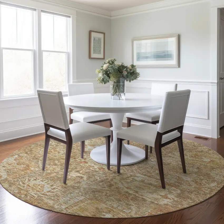 8' Khaki And Brown Round Damask Washable Indoor Outdoor Area Rug Photo 8