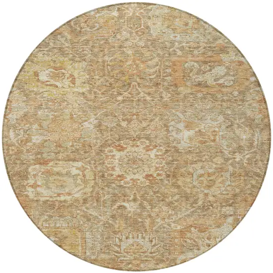8' Khaki And Brown Round Damask Washable Indoor Outdoor Area Rug Photo 6