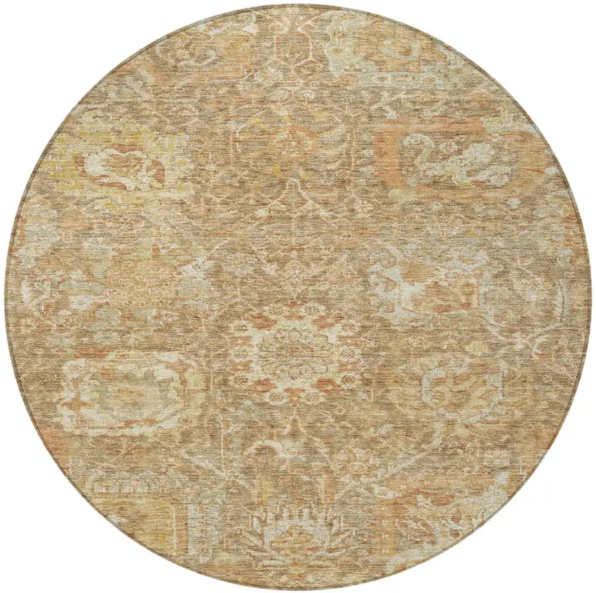 8' Khaki And Brown Round Damask Washable Indoor Outdoor Area Rug Photo 6