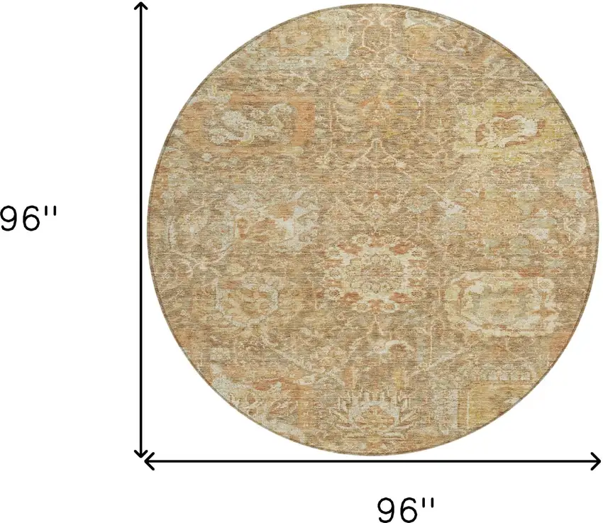 8' Khaki And Brown Round Damask Washable Indoor Outdoor Area Rug Photo 9
