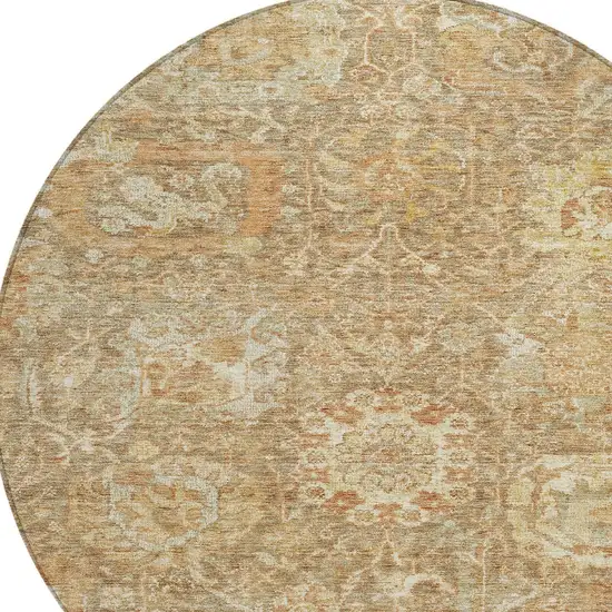 8' Khaki And Brown Round Damask Washable Indoor Outdoor Area Rug Photo 5