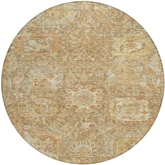 8' Khaki And Brown Round Damask Washable Indoor Outdoor Area Rug Photo 2