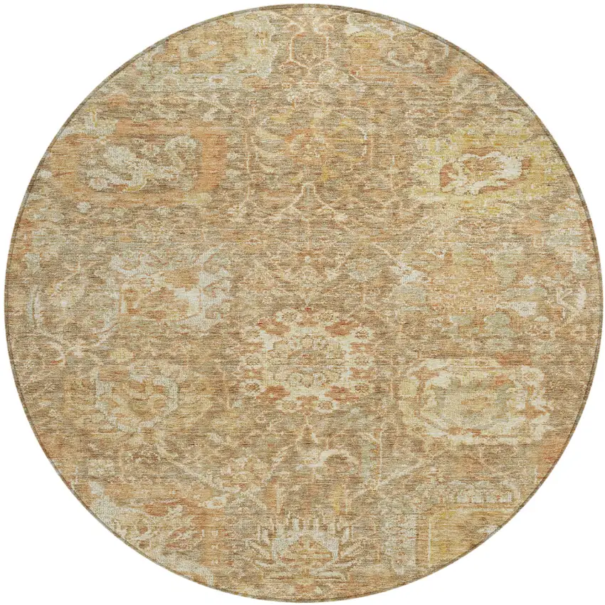 8' Khaki And Brown Round Damask Washable Indoor Outdoor Area Rug Photo 2