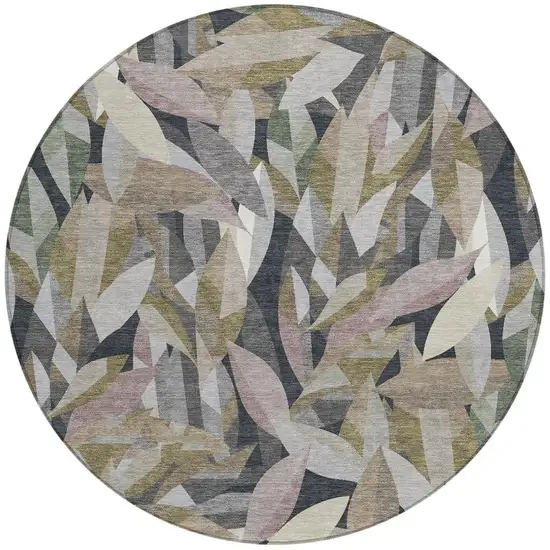 8' Khaki And Brown Round Floral Washable Indoor Outdoor Area Rug Photo 3