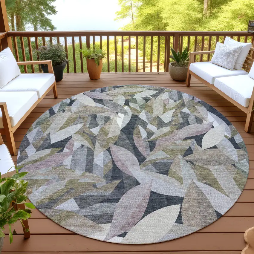 8' Khaki And Brown Round Floral Washable Indoor Outdoor Area Rug Photo 4