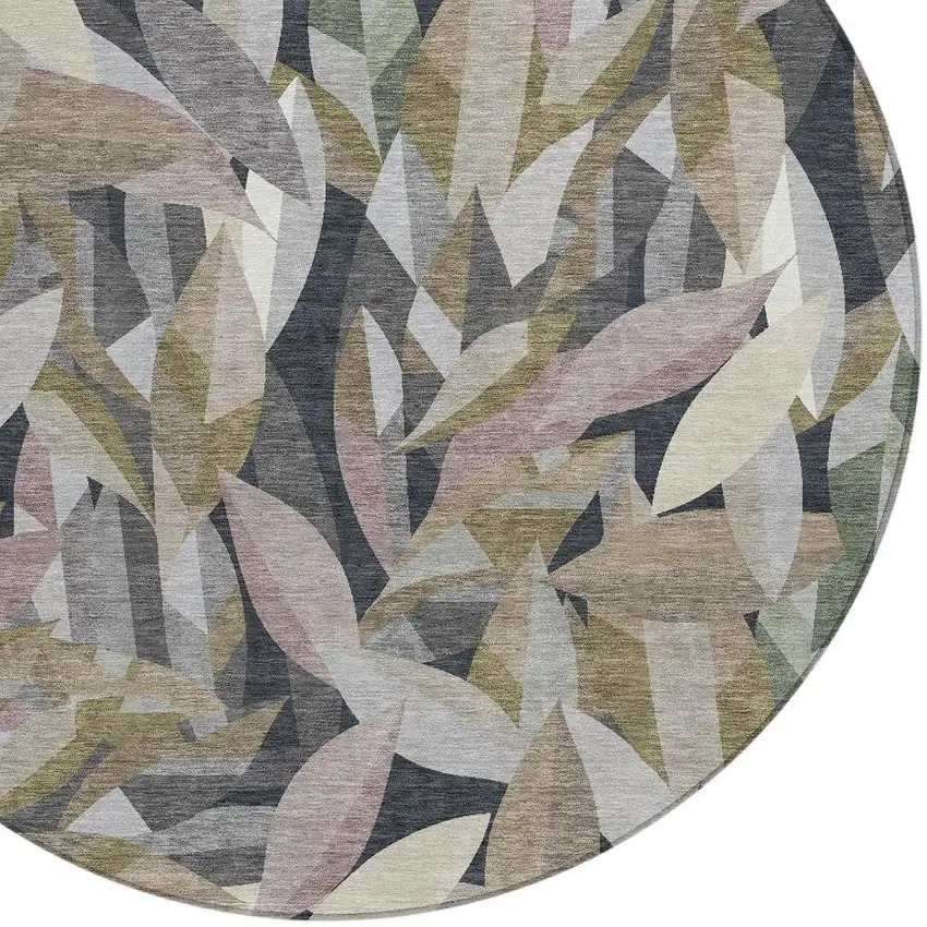 8' Khaki And Brown Round Floral Washable Indoor Outdoor Area Rug Photo 2