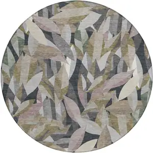 Photo of 8' Khaki And Brown Round Floral Washable Indoor Outdoor Area Rug