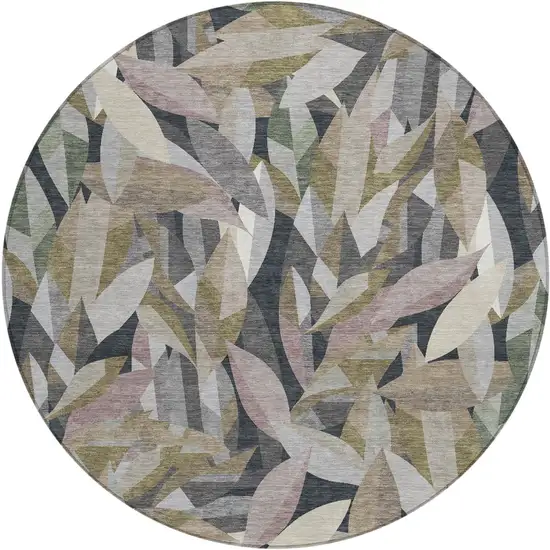 8' Khaki And Brown Round Floral Washable Indoor Outdoor Area Rug Photo 1