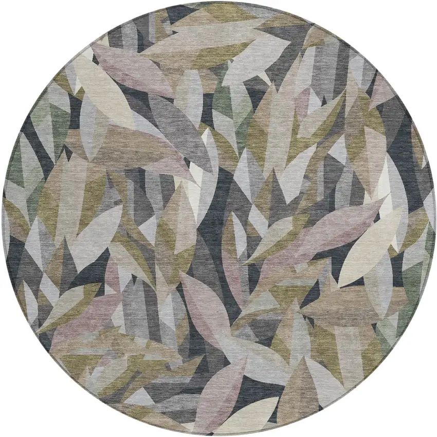 8' Khaki And Brown Round Floral Washable Indoor Outdoor Area Rug Photo 1